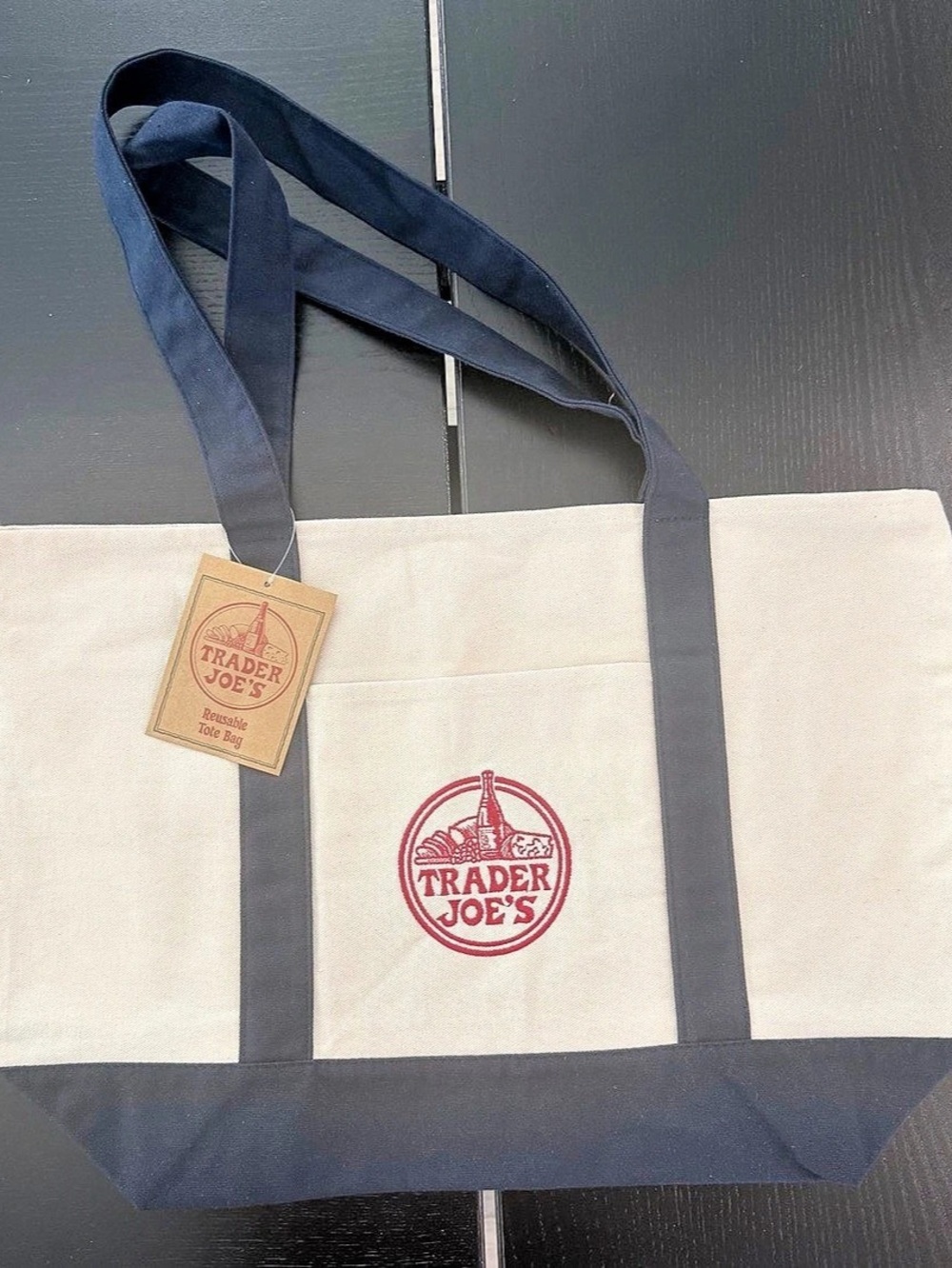 Trader Joe's Classic Canvas Tote Bag White & Navy NWT